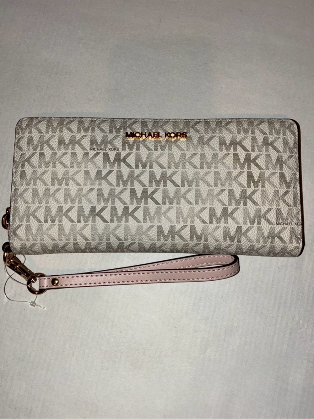 Michael Kors Beige Signature Wristlet Wallet with Pink Strap